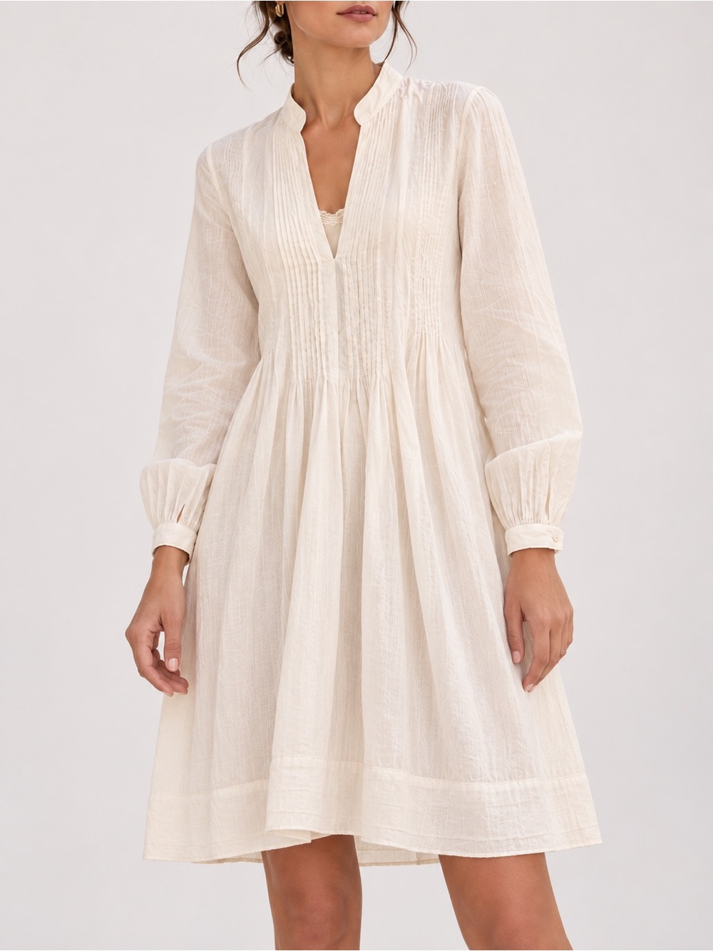 Brochu Walker Ivory 100% Cotton Pintuck Long Sleeve Dress with Slip Size P